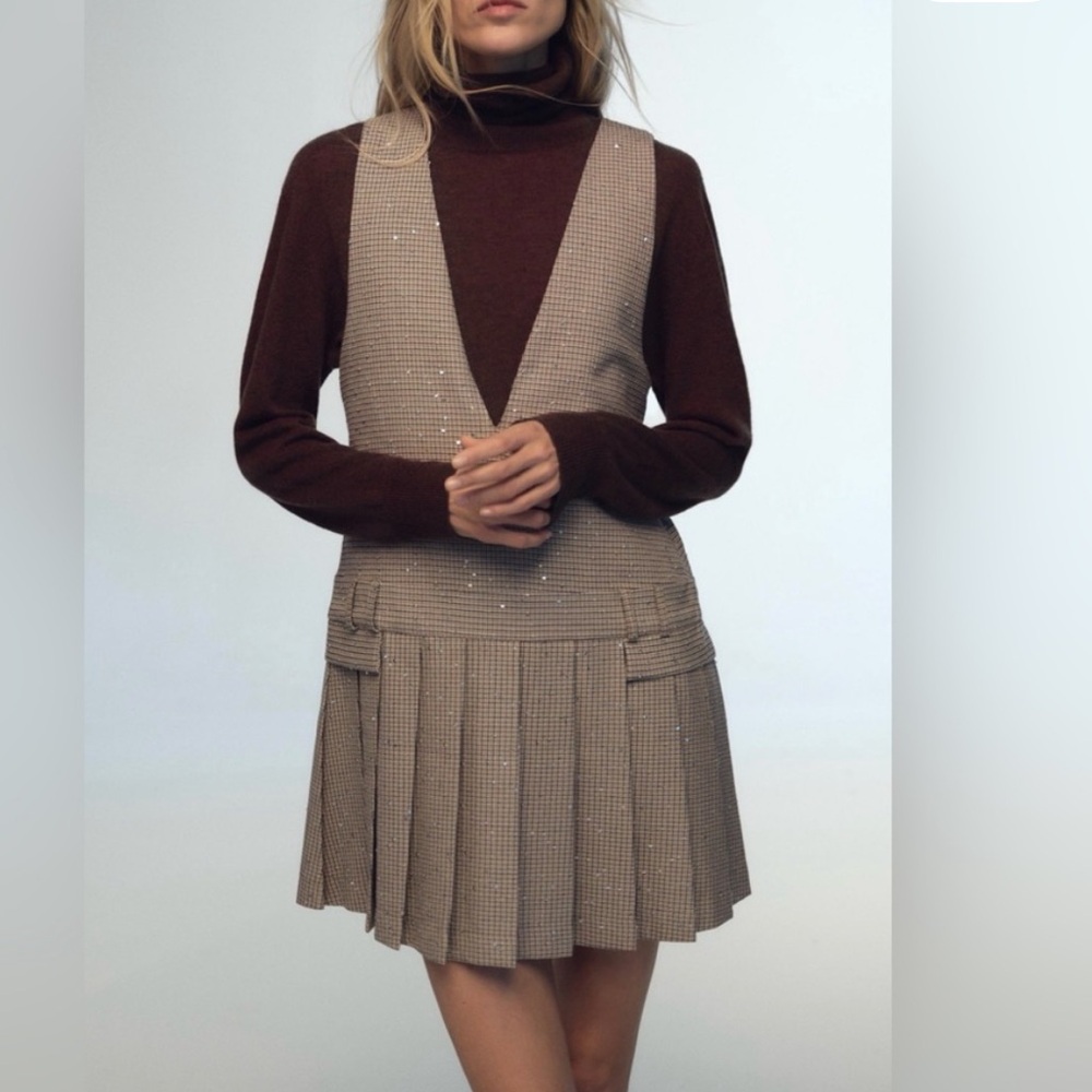 Zara Brown Houndstooth Tweed Pleated Mini Dress with Sequin Detail